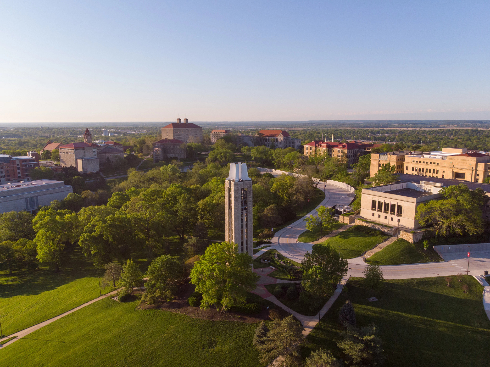aerial view of campus looking toward campanile and strong hall