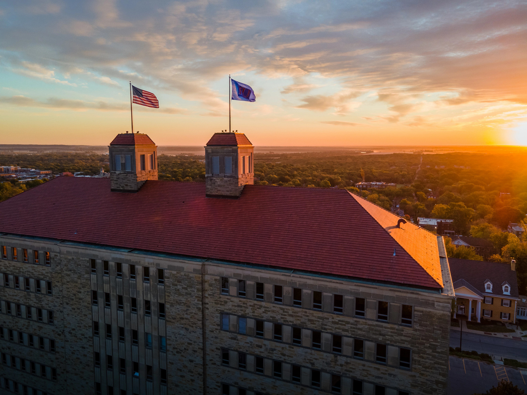 aerial view of fraser hall at sunrise