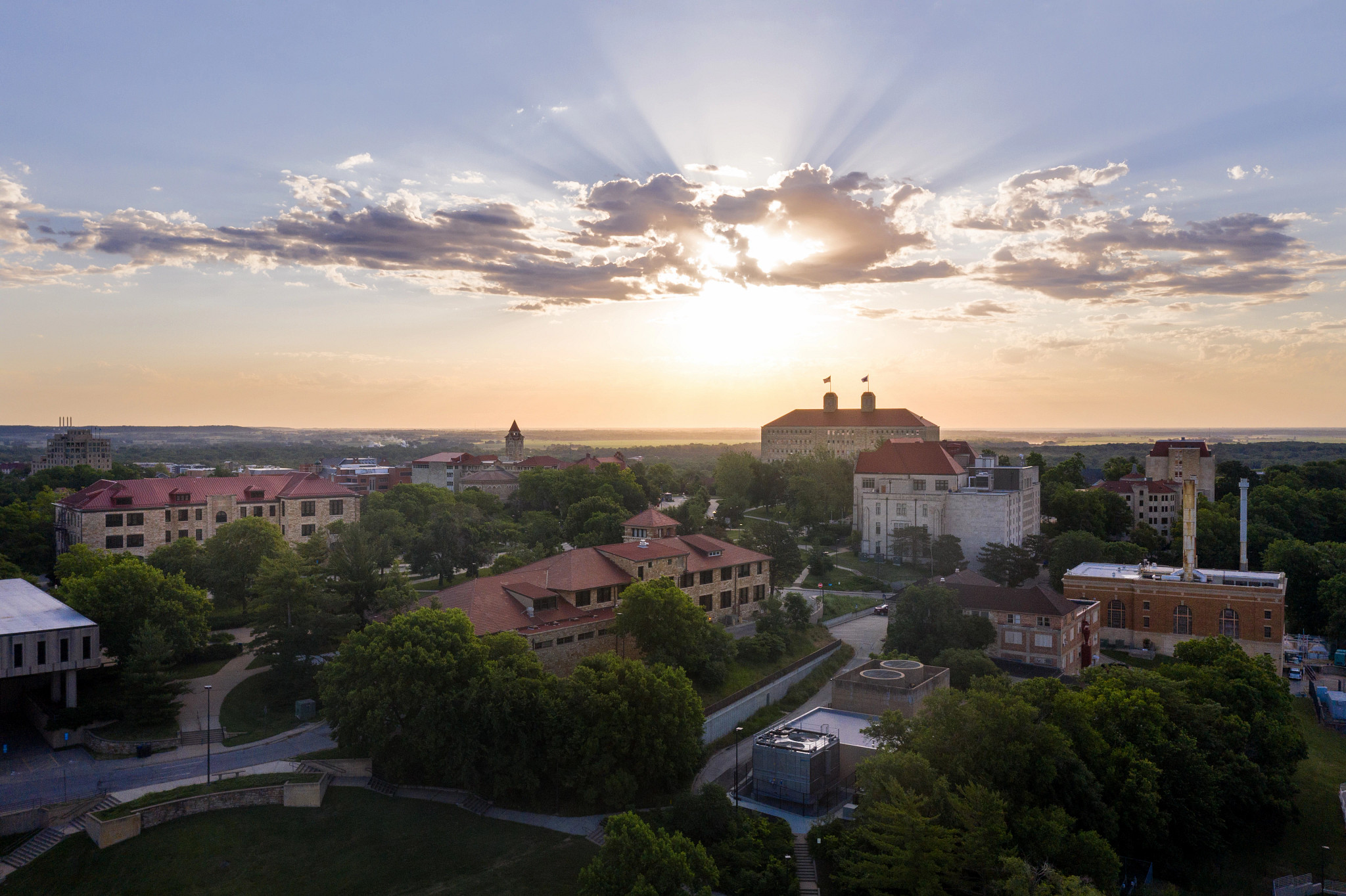 aerial view of campus looking toward fraser at sunrise