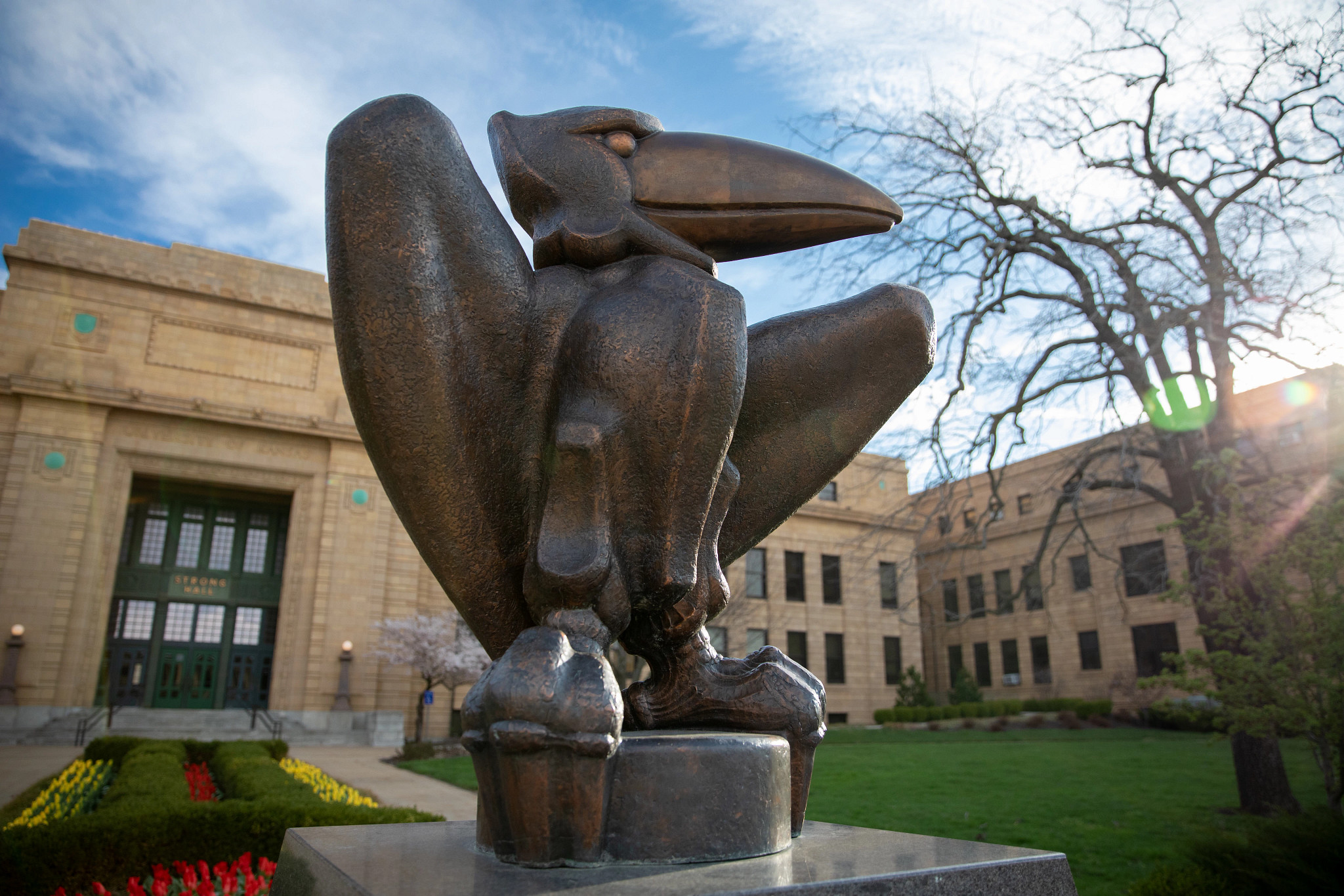 bronze jayhawk statue in foreground with strong hall in background