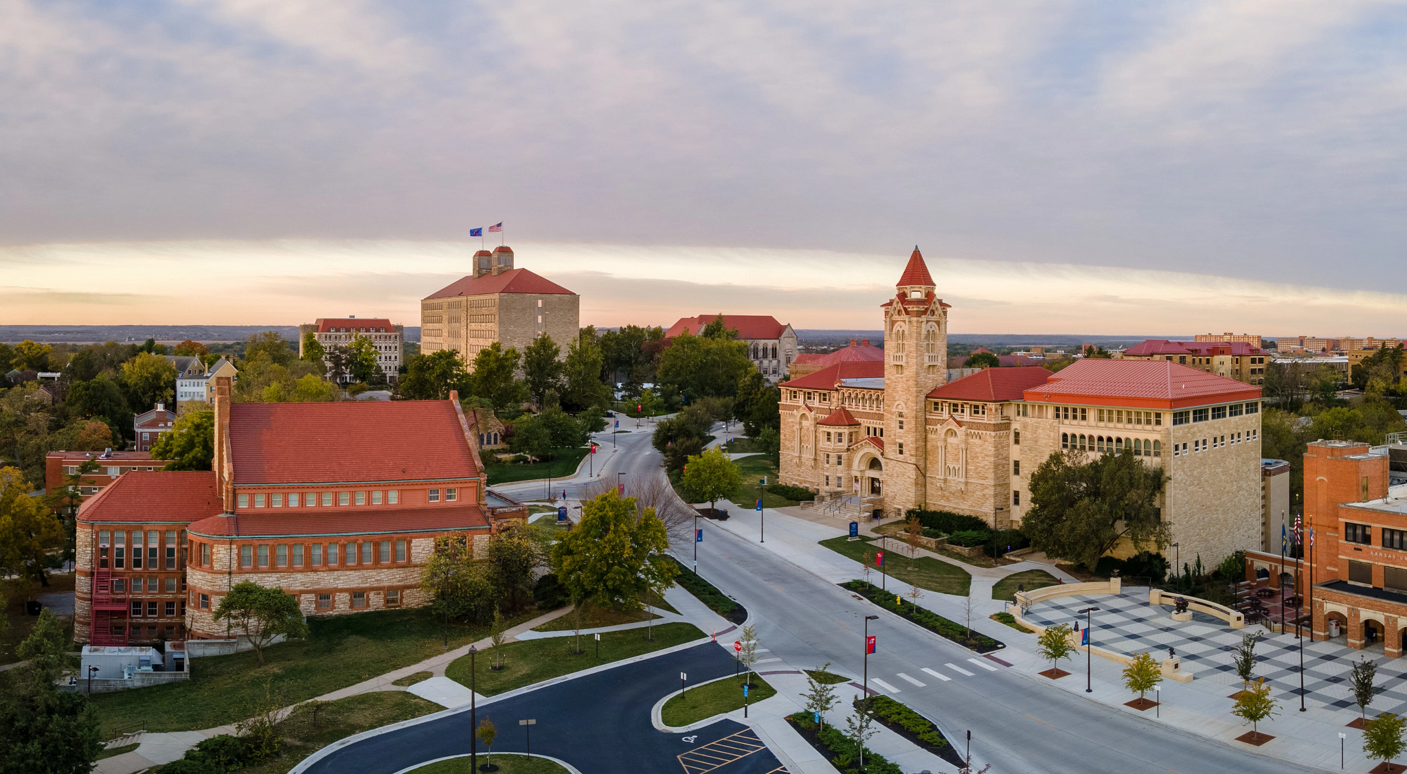view of campus buildings looking down jayhawk boulevard
